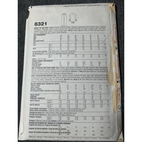 Simplicity Misses Shirt Pants Sewing Pattern sz 10-20 8321 - uncut - Picture 3 of 4